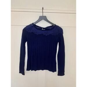 LIU JO Sweater in Midnight Blue Size XS Floral Lace Trim Pullover Ribbed Classic